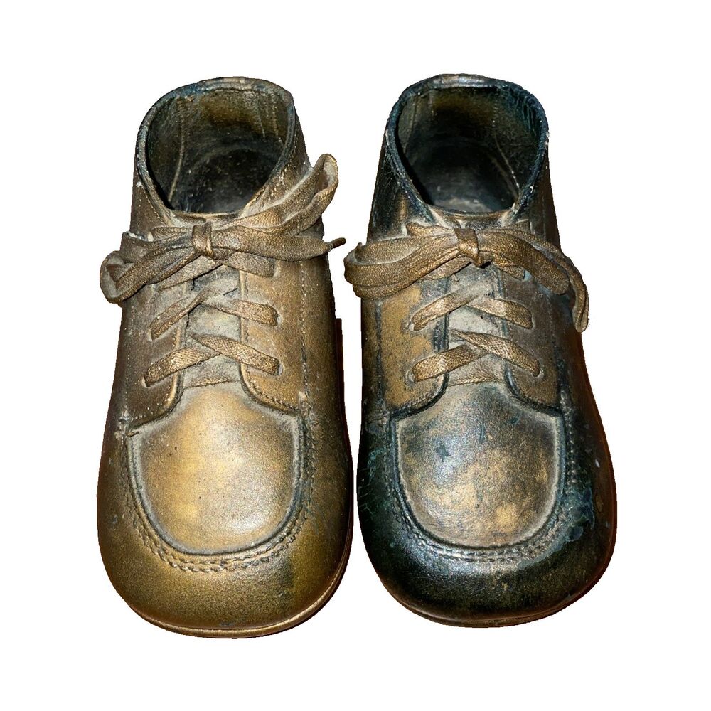 Vintage Faux Bronzed Baby Shoes Leather Baby Booties Keepsake Mid Century Decor